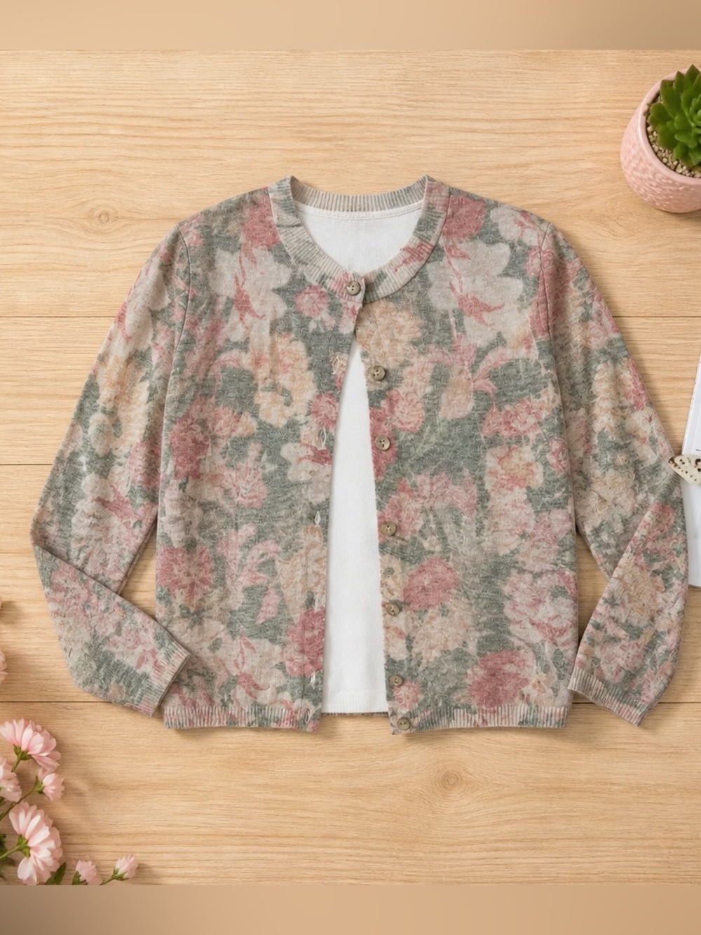 Zara Pink & Gray Marled Floral Knit Crewneck